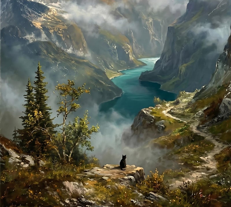 TNESSENTIAL Mountain Cat Print – Alpine Landscape Art, Snow Capped Peaks, Black Cat Poster, Rustic Lodge Decor, Wanderlust Wall Art, Nature Pet Print - Image 2