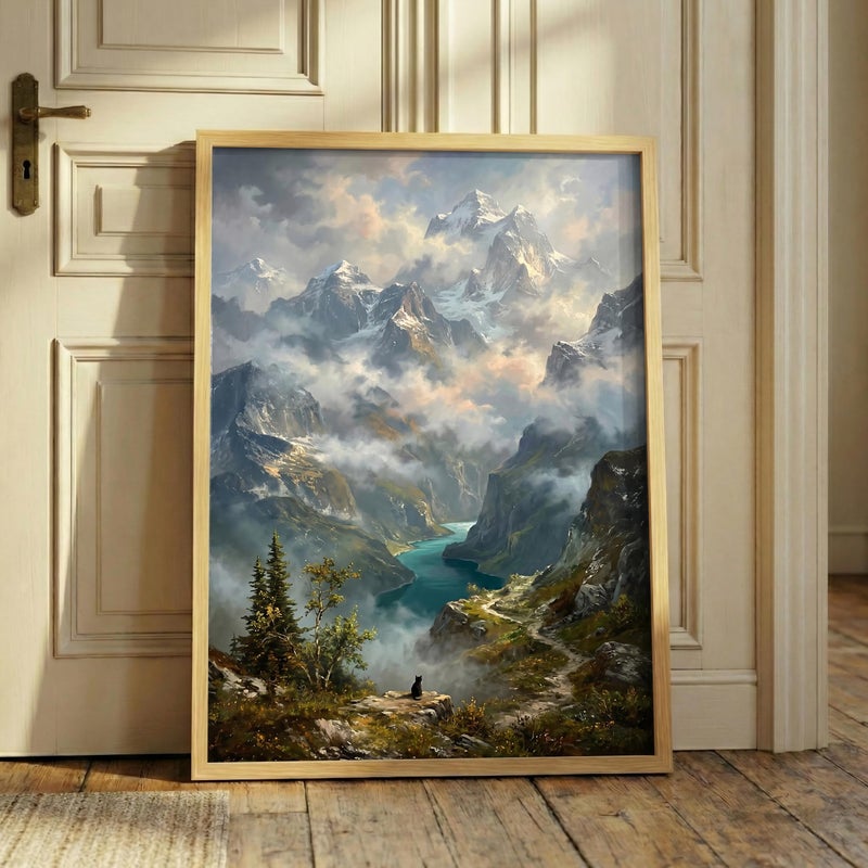 TNESSENTIAL Mountain Cat Print – Alpine Landscape Art, Snow Capped Peaks, Black Cat Poster, Rustic Lodge Decor, Wanderlust Wall Art, Nature Pet Print - Image 1