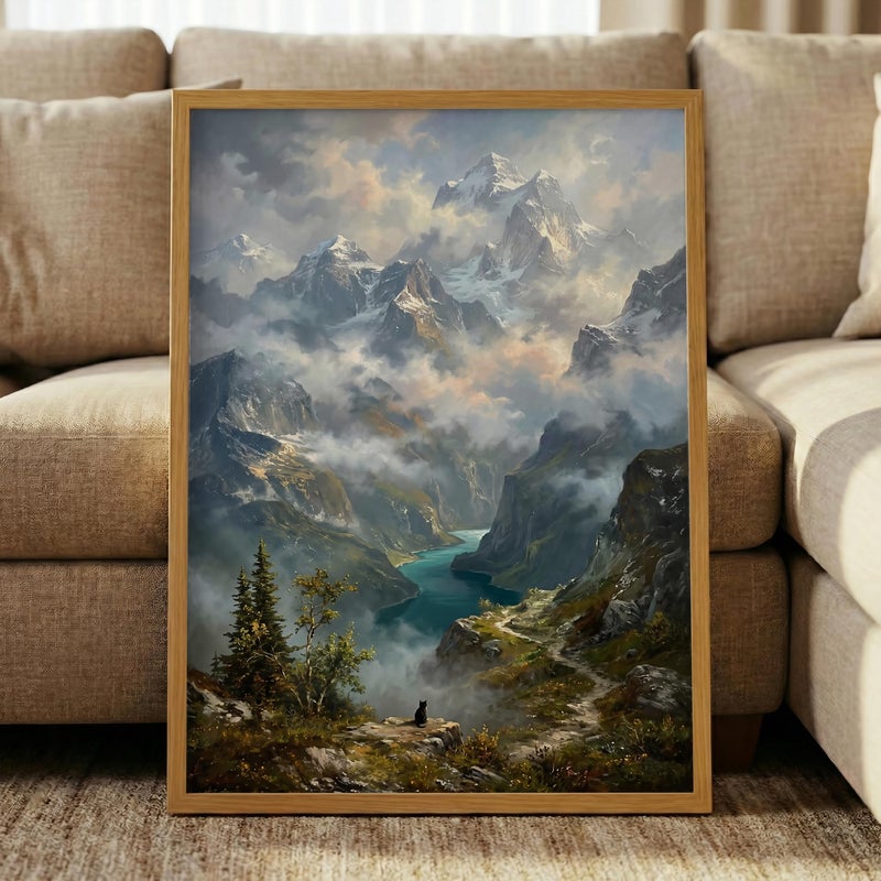 TNESSENTIAL Mountain Cat Print – Alpine Landscape Art, Snow Capped Peaks, Black Cat Poster, Rustic Lodge Decor, Wanderlust Wall Art, Nature Pet Print - Image 5