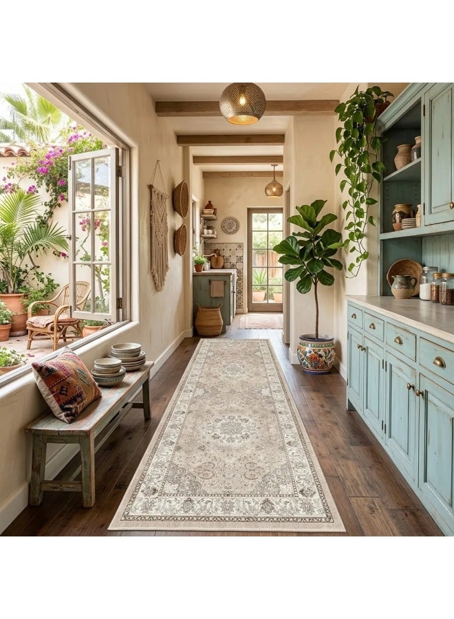 Washable Hallway Runner Rug 60x300cm, Vintage Farmhouse Soft Non-Slip Floor Mat - Image 1