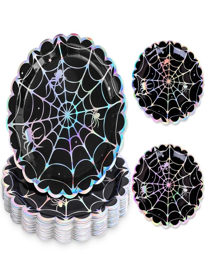 Whaline 50Pcs Iridescent Halloween Black Disposable Party Plates Silver Laser Spider Web Paper Plate Color-Changing Holographic Dinner Plates for Spooky Kitchen Supplies, 9 Inch - Image 1