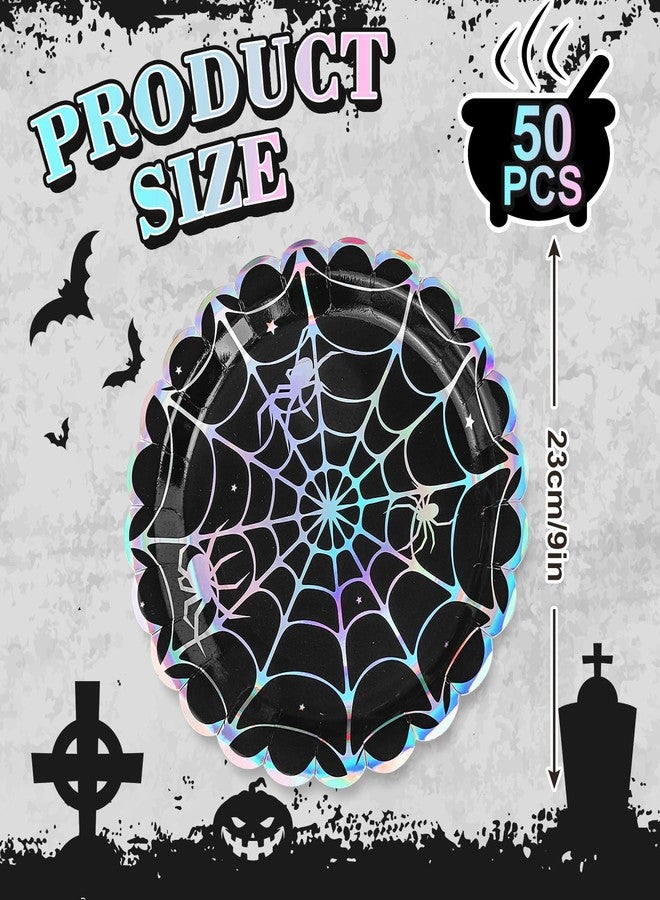 Whaline 50Pcs Iridescent Halloween Black Disposable Party Plates Silver Laser Spider Web Paper Plate Color-Changing Holographic Dinner Plates for Spooky Kitchen Supplies, 9 Inch - Image 2