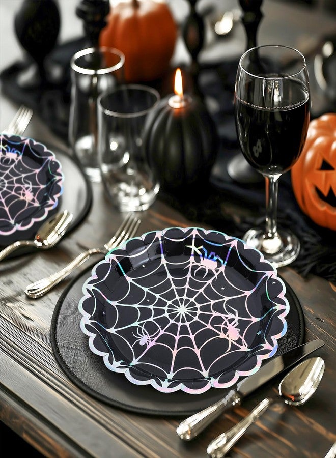 Whaline 50Pcs Iridescent Halloween Black Disposable Party Plates Silver Laser Spider Web Paper Plate Color-Changing Holographic Dinner Plates for Spooky Kitchen Supplies, 9 Inch - Image 4