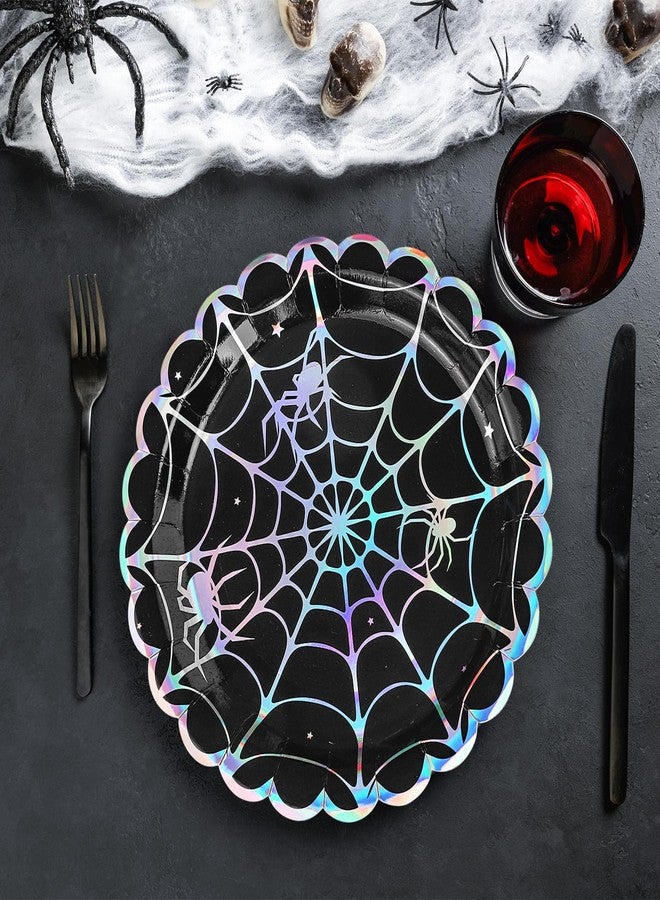 Whaline 50Pcs Iridescent Halloween Black Disposable Party Plates Silver Laser Spider Web Paper Plate Color-Changing Holographic Dinner Plates for Spooky Kitchen Supplies, 9 Inch - Image 5