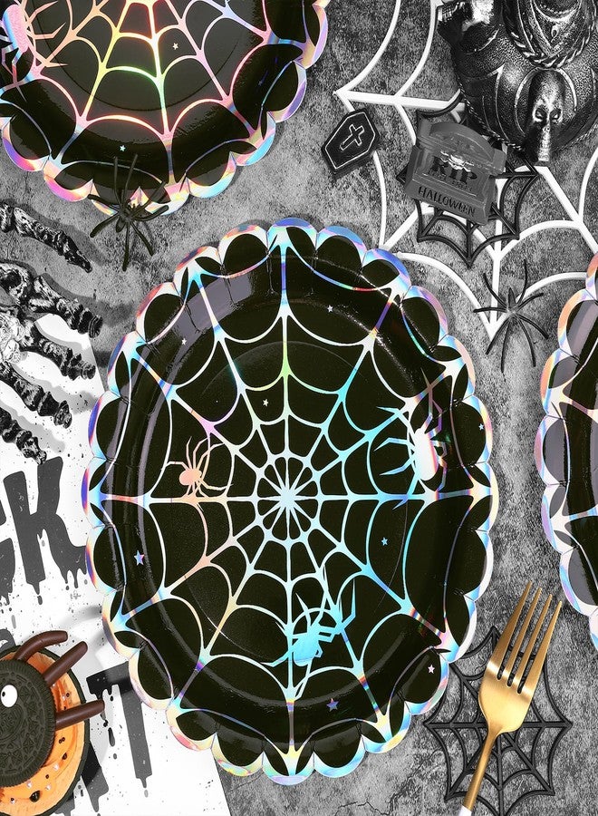 Whaline 50Pcs Iridescent Halloween Black Disposable Party Plates Silver Laser Spider Web Paper Plate Color-Changing Holographic Dinner Plates for Spooky Kitchen Supplies, 9 Inch - Image 3