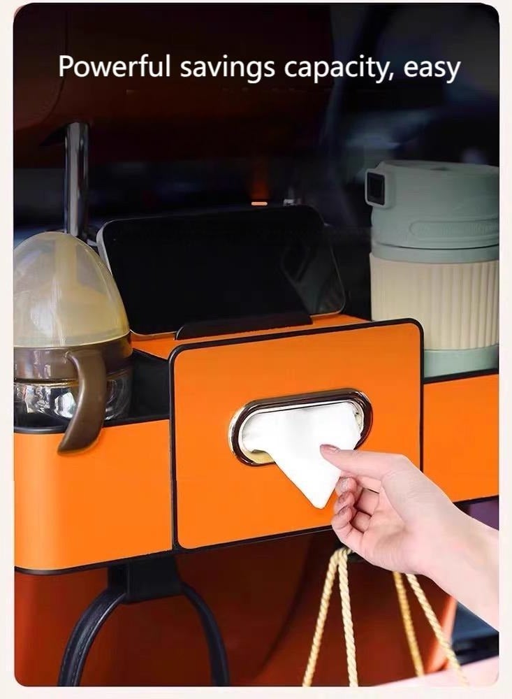 Car Back Seat Multi-Functional Storage Box – Tissue Holder, Cup Holder, Hanging Hooks & Organizer Pouch for Car Seat Back, Easy Clip-On Installation  Car Seat Back Tissue Box & Storage Organizer – Multi-Purpose Rear Seat Holder with Tissue Pocket, Storage Bag, and Convenient Clip Installation  - Image 2