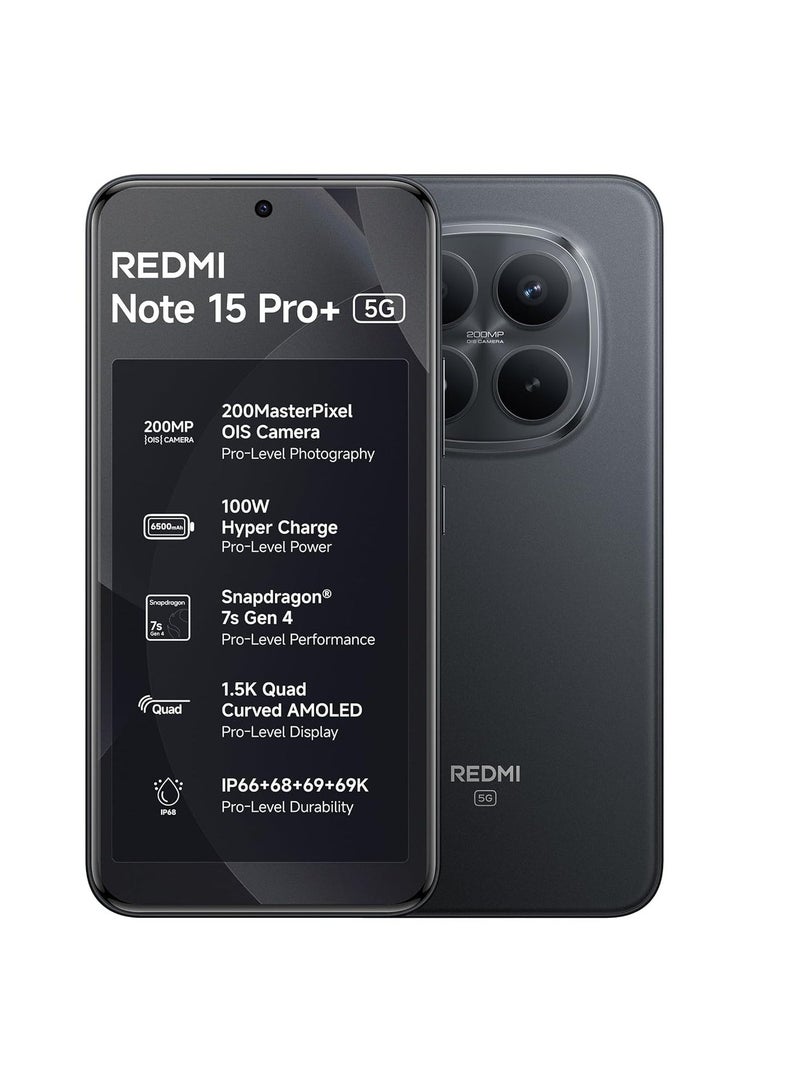 Xiaomi Redmi Note 15 Pro+ 5G (Carbon Black, 8GB + 256GB) | 200MasterPixel OIS Camera | Snapdragon 7s Gen 4 | CrystalRes AMOLED | IP69/69K | 6500mAh Si/C Battery | 100W HyperCharge - Image 1