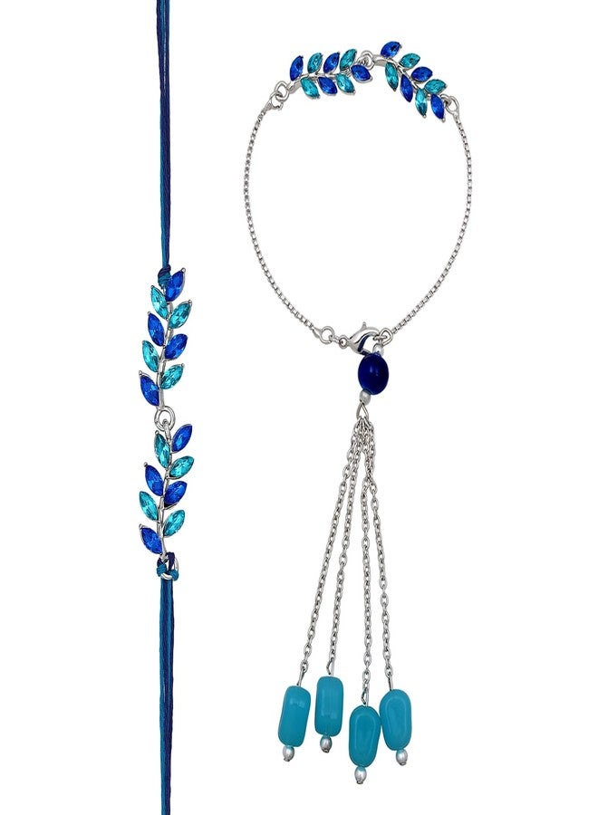 Mahi Light and Dark Blue Leafy Shape Crystals Lumba and Brother Rakhi Set for Bhaiya and Bhabhi (RCOL1105521RBlu) - Image 3