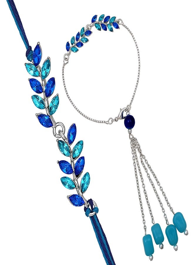 Mahi Light and Dark Blue Leafy Shape Crystals Lumba and Brother Rakhi Set for Bhaiya and Bhabhi (RCOL1105521RBlu) - Image 1