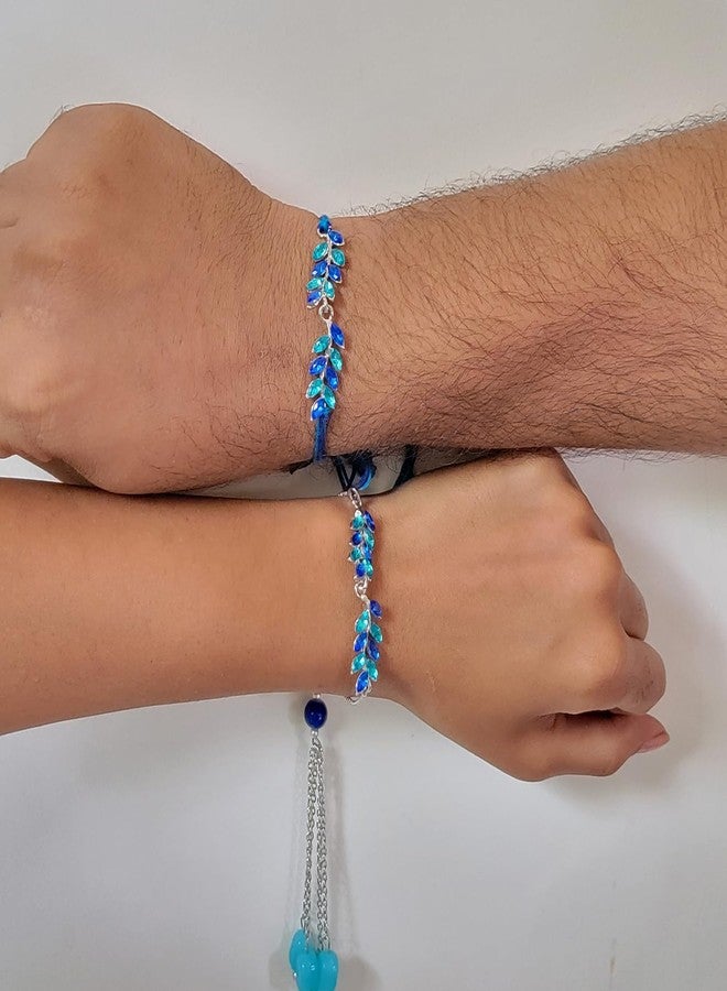 Mahi Light and Dark Blue Leafy Shape Crystals Lumba and Brother Rakhi Set for Bhaiya and Bhabhi (RCOL1105521RBlu) - Image 2