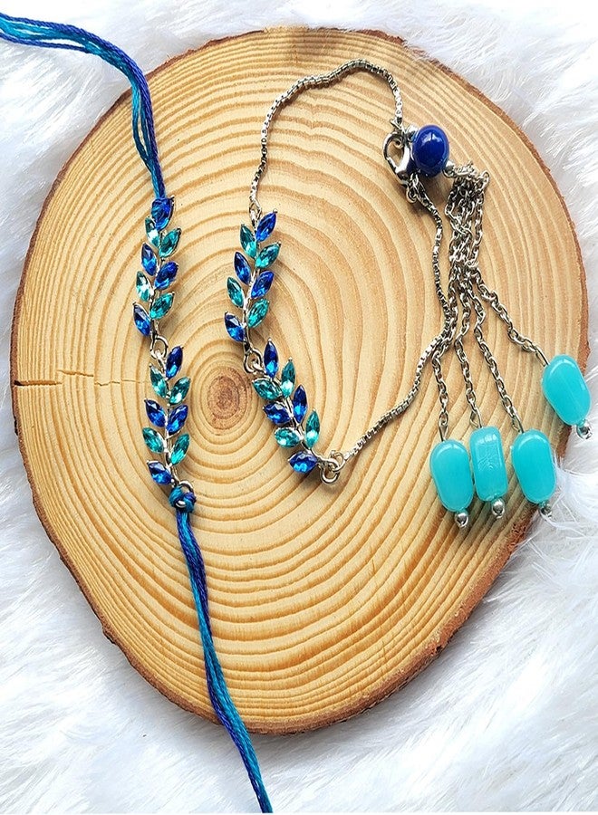 Mahi Light and Dark Blue Leafy Shape Crystals Lumba and Brother Rakhi Set for Bhaiya and Bhabhi (RCOL1105521RBlu) - Image 5