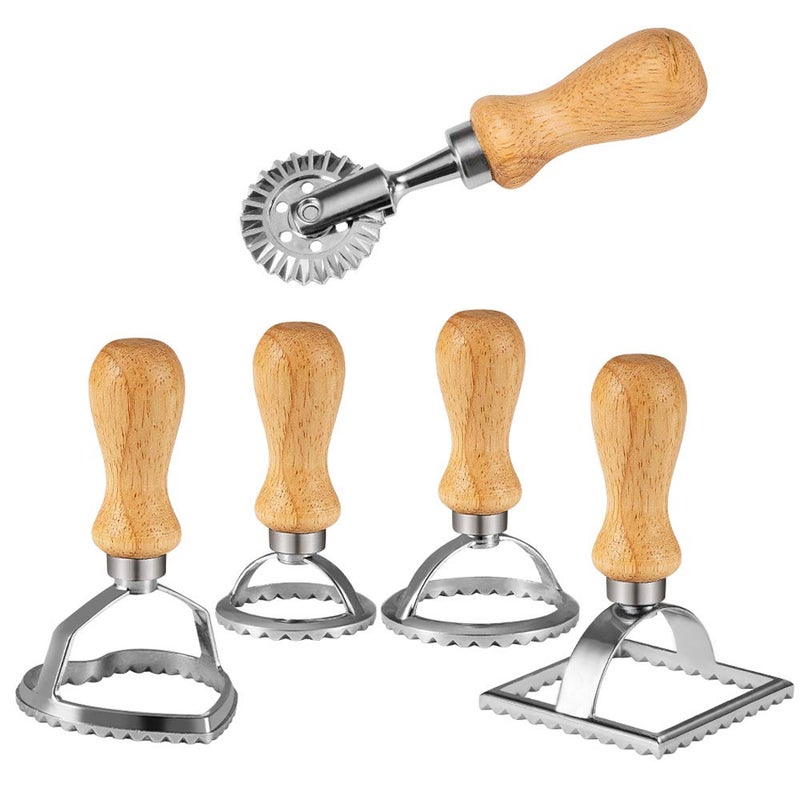 Chrider Chrider Ravioli Stamp Set Set of 5 Ravioli Maker Cutter with Wooden Handlefor Ravioli Pasta Dumplings Lasagna Pierogi Leading Dough Cutter and Press Stamps 