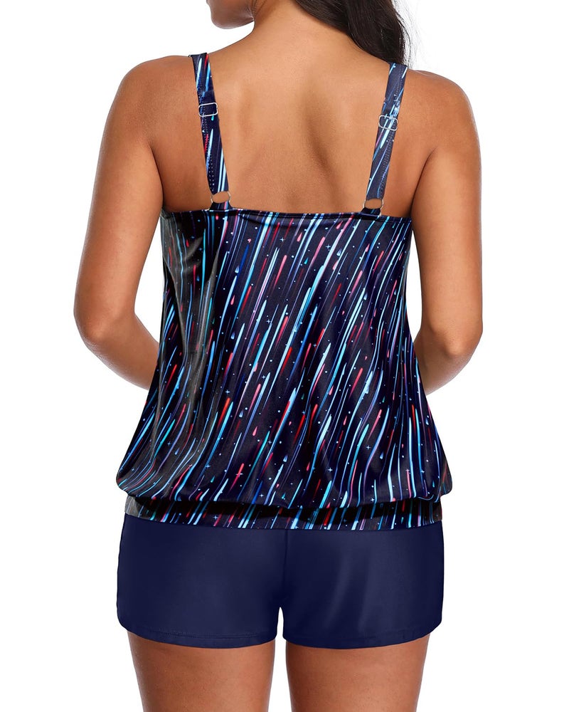 Aqua Eve Two Piece Women's Tankini Swimsuits Blouson Swim Tank Top with Shorts Modest Bathing Suits Dark Blue Stripes XL - Image 2
