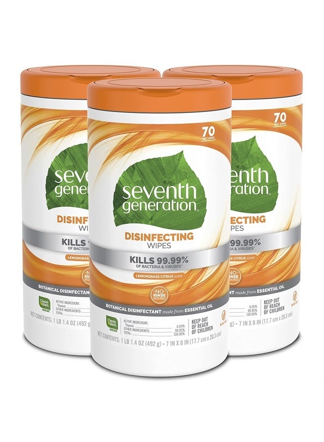 Seventh Generation مناديل مطهرة متعددة الأسطح، برائحة الليمون، 70 قطعة، عبوة من 3 (قد يختلف التغليف) - Image 1