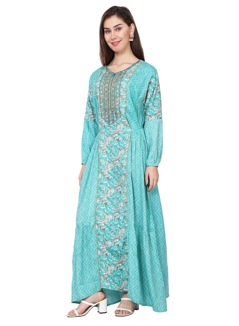 HANA & SARA THREAD EMBROIDERY LONG VISCOSE PRINTED BLUE COLOUR STYLISH ELEGANT ARABIC KAFTAN JALABIYA DRESS - Image 3