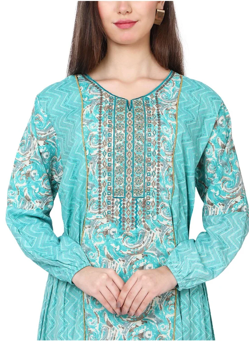 HANA & SARA THREAD EMBROIDERY LONG VISCOSE PRINTED BLUE COLOUR STYLISH ELEGANT ARABIC KAFTAN JALABIYA DRESS