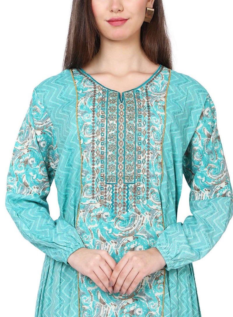 HANA & SARA THREAD EMBROIDERY LONG VISCOSE PRINTED BLUE COLOUR STYLISH ELEGANT ARABIC KAFTAN JALABIYA DRESS - Image 2