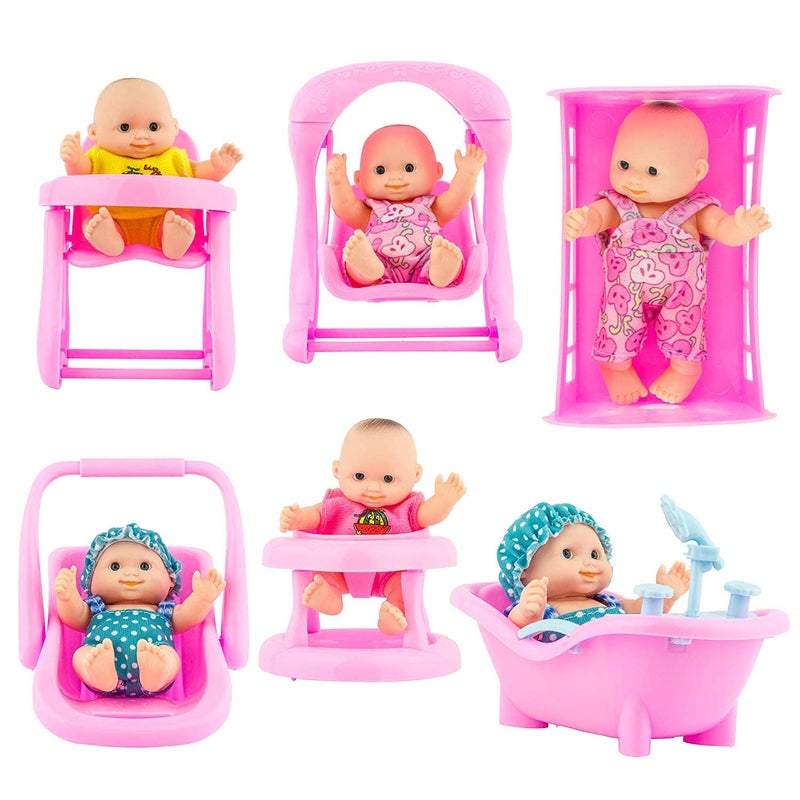 PowerTRC 6 Set of Mini 5 Inch Baby Girl Toy Dolls Collection with High Chair Cradle Walker Swing Bathtub and Baby Seat Accessories for Girls 36 Years Old - Image 2