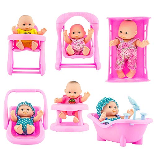 PowerTRC 6 Set of Mini 5 Inch Baby Girl Toy Dolls Collection with High Chair Cradle Walker Swing Bathtub and Baby Seat Accessories for Girls 36 Years Old - Image 1