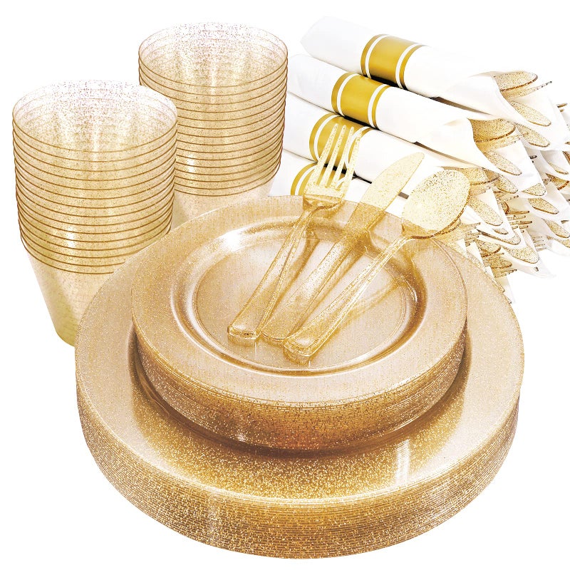 DaYammi DaYammi 112PCS Gold Glitter Plastic Disposable Dinnerware Plates for Party Includes 16 Gold Dessert Plate 16 Gold Dinner Plate 16 Per Rolled Napkin with Cutlery and Cup 