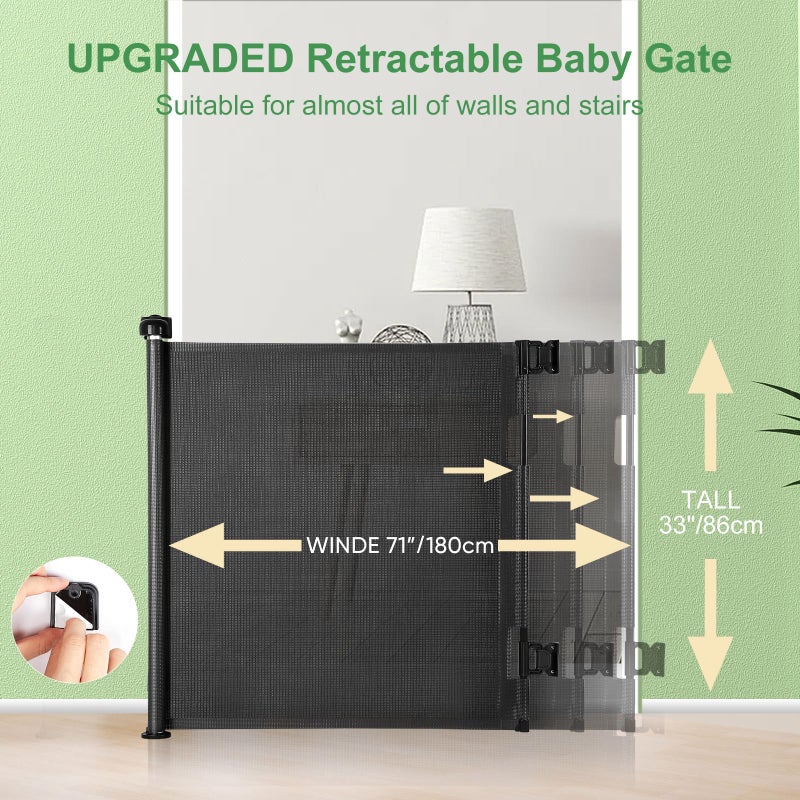 Mypin Upgraded Retractable Baby Gate, Extra Wide Safety Kids or Pets Gate, 33â€ Tall, Extends to 71â€ Wide, Mesh Safety Dog Gate for Stairs, Indoor, Outdoor, Doorways, Hallways(33â€x71â€, Black) - Image 2