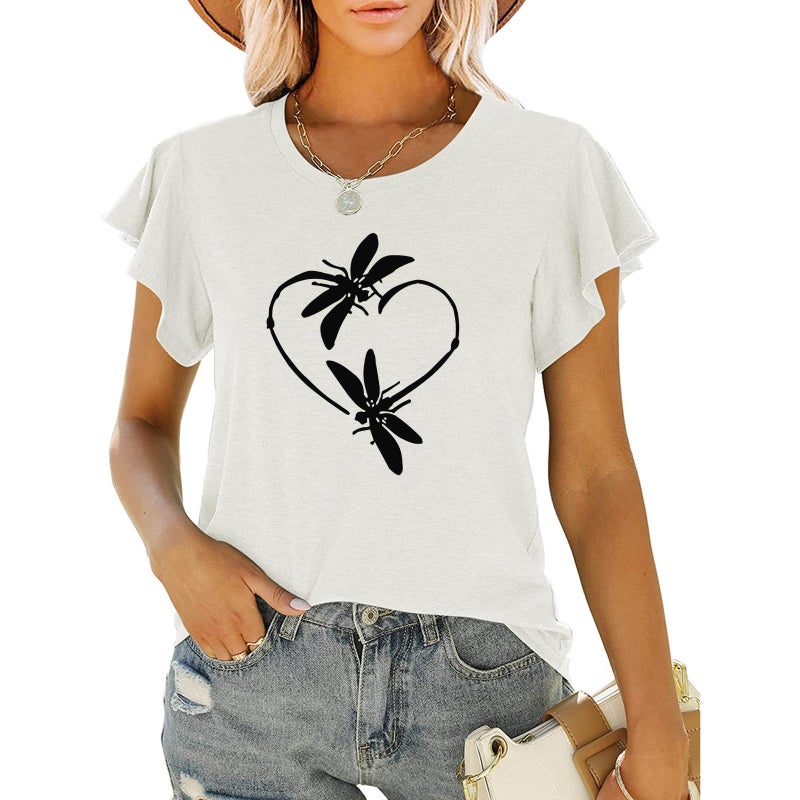 New Women'S Love Dragonfly Printed Round Neck Ruffled Short Sleeve Loose Top T-Shirt - Image 1