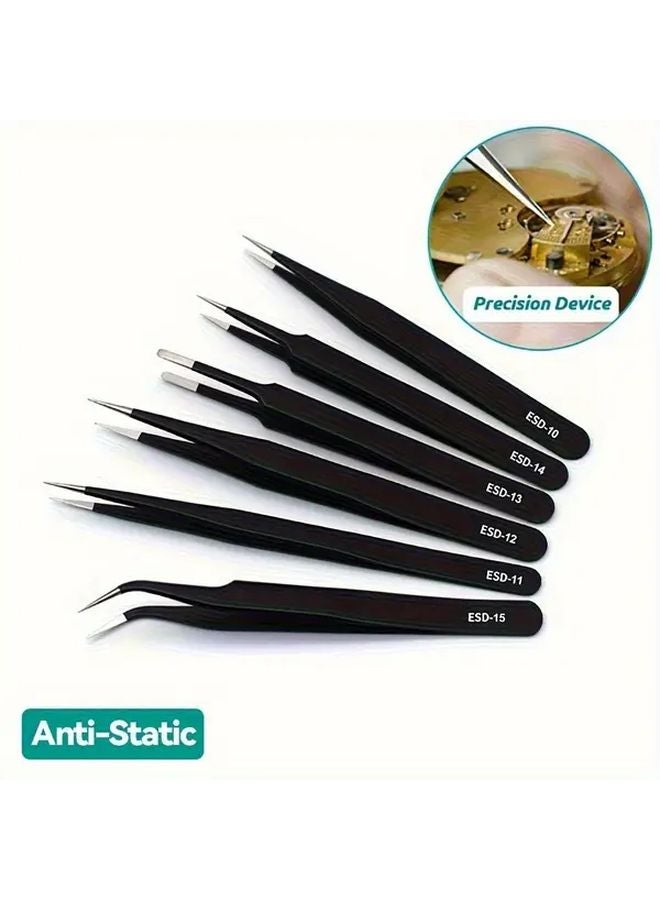 6pcs ESD Anti Static Stainless Steel Curved Tweezers Precision Maintenance Industrial Repair - Image 2