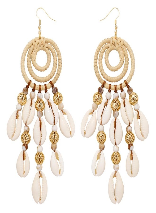 بوكار أقراط متدلية من خوص الروطان بتصميم بوهيمي للنساء، مصنوعة يدوياً، إكسسوارات صيفية، شاطئ، مجوهرات استوائية، هدية (ER-1013-بيج) - Image 1