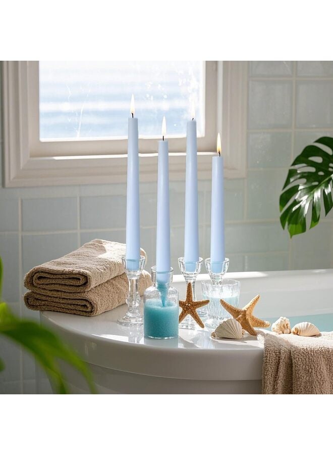 12 شمعة مدببة زرقاء فاتحة، شمعدانات غير معطرة بطول 10 بوصات، لا تسيل، تدوم لفترة طويلة من 6 إلى 7 ساعات، مثالية لتزيين المنزل وحفلات الزفاف وحفلات استقبال المولود والمناسبات. - Image 4