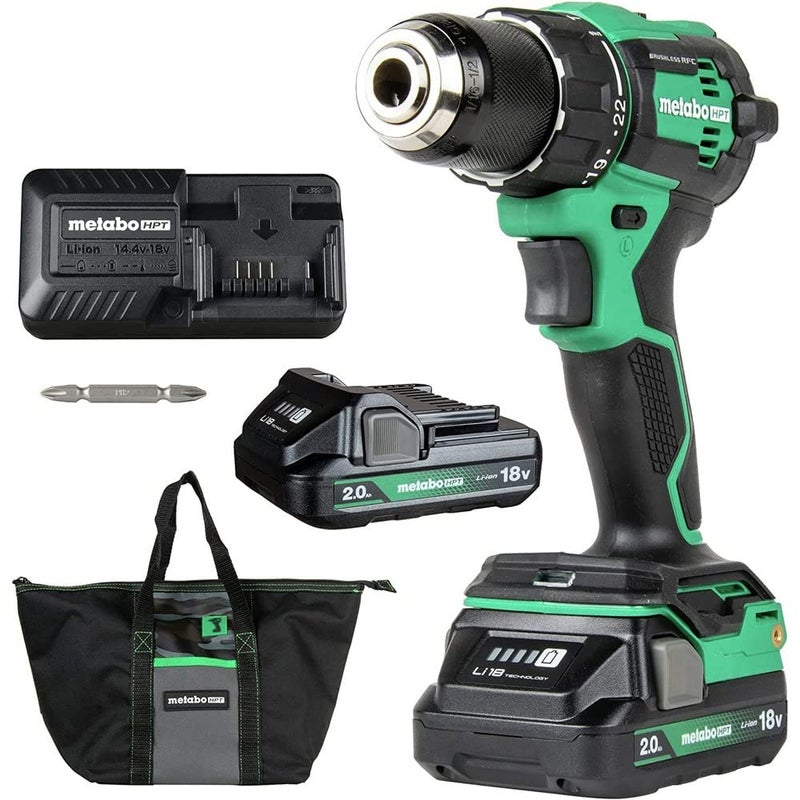 Metabo HPT 18V MultiVolt Cordless Brushless Hammer Drill Kit Compact Power Drill with 2 LithiumIon Metabo Batteries Charger Carrying Bag and Accessories High Torque 2Speed DV18DEX