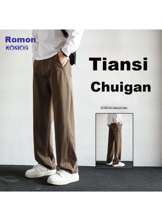 ROMON Luomeng [Tencel Lyocell] Men'S Casual Pants, Summer Breathable Lightweight Slimming Loose Straight-Leg Trousers, Coffee Color, Size 38 - Image 2