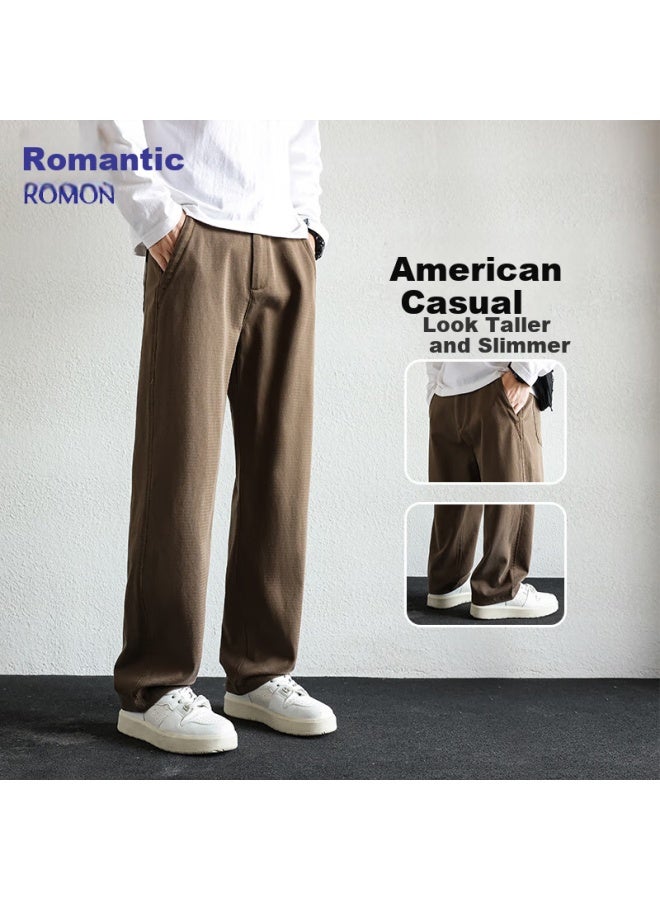 ROMON Luomeng [Tencel Lyocell] Men'S Casual Pants, Summer Breathable Lightweight Slimming Loose Straight-Leg Trousers, Coffee Color, Size 38 - Image 1