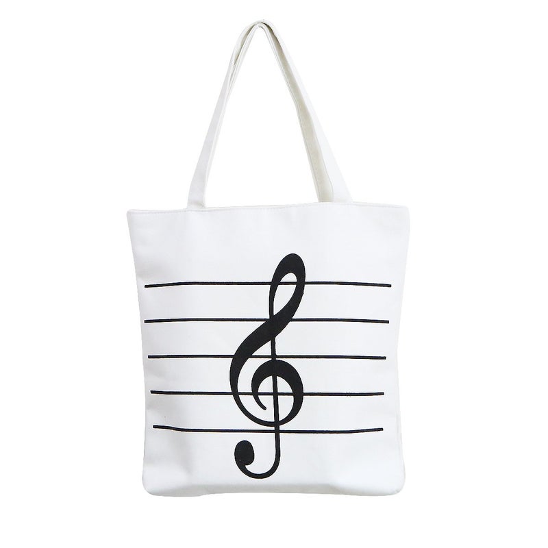 Music Notes Handbag Canvas Tote Bag Reusable Grocery Bag Shoulder Shopping Bag for Women Girls Gift White
