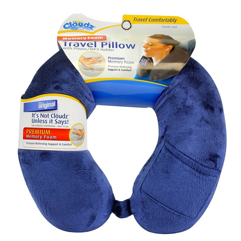 Cloudz Memory Foam Travel Neck Pillow with Snap  Pocket  Blue