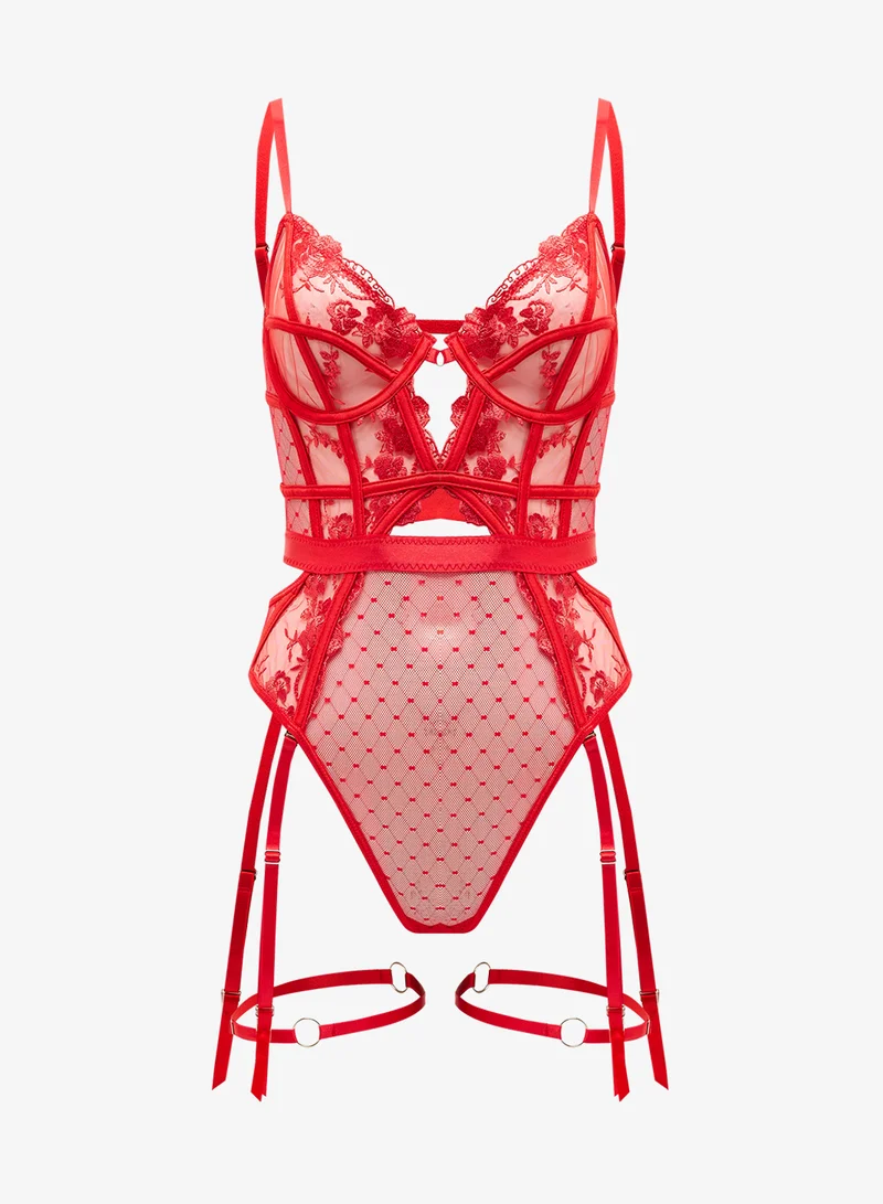 جينجر Sheer Lace Panel Bodysuit with Suspender