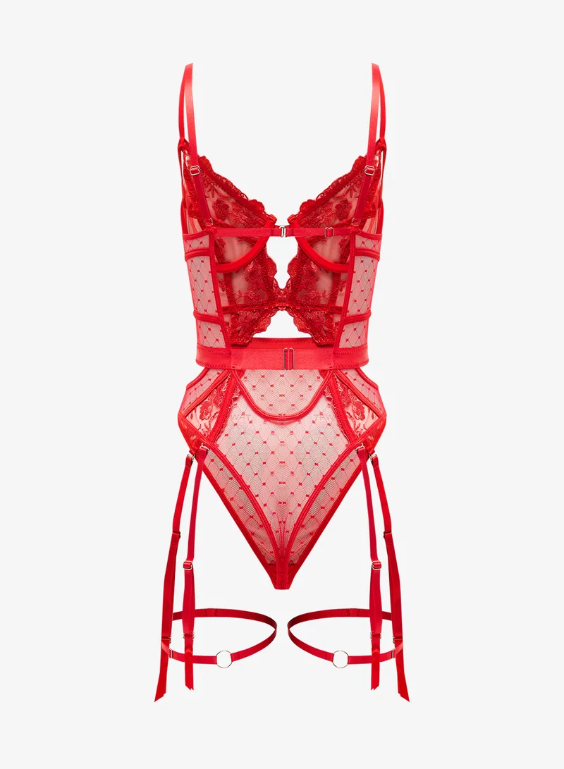 جينجر Sheer Lace Panel Bodysuit with Suspender