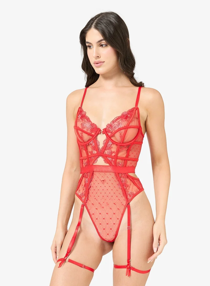 Ginger Sheer Lace Panel Bodysuit with Suspender