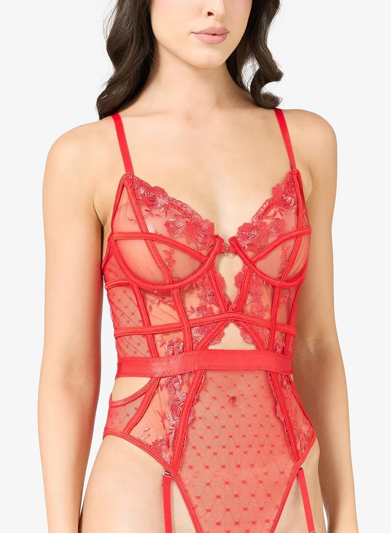 Ginger Sheer Lace Panel Bodysuit with Suspender