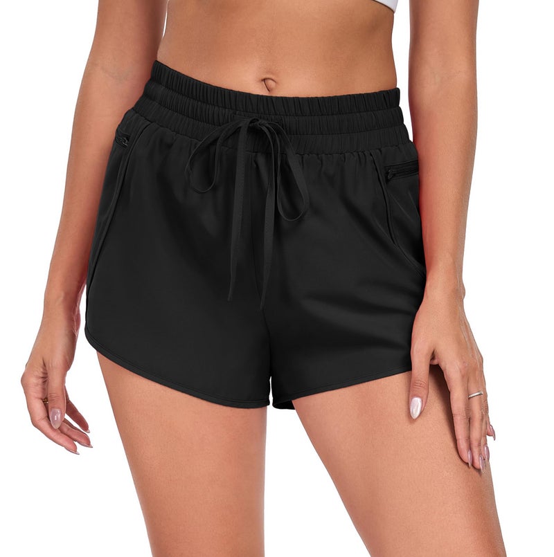 PrinStory Womens Athletic Shorts High Waisted Running Quick Dry Gym Workout Shorts with Zipper Pockets Black-S-FBA - Image 5