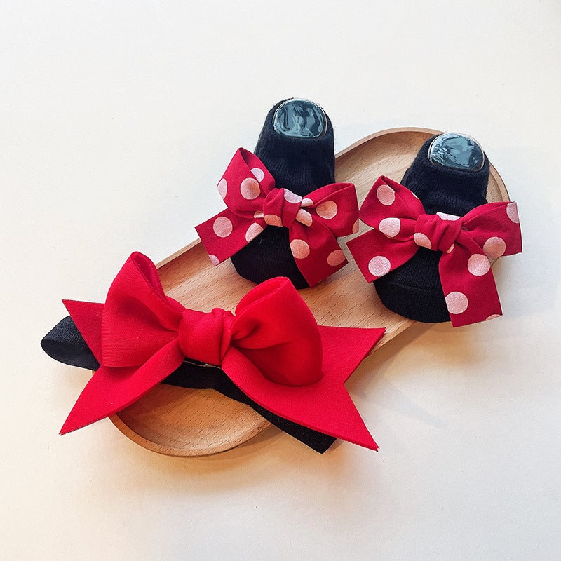 Generic Cute Newborn Socks and Headband Set Cartoon Korean Style Baby Accessories Burgundy Bow 
