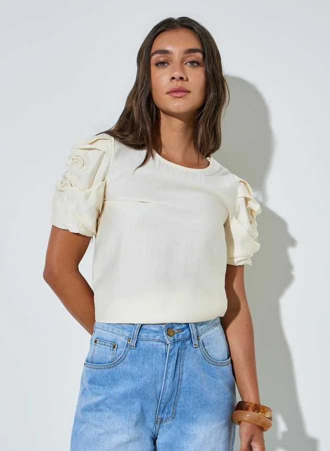 Styli Beige Solid Leg Of Mutton Sleeves Blouse