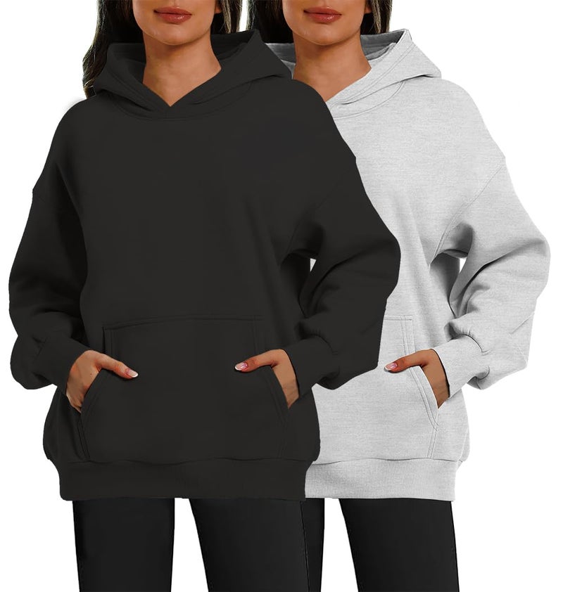 XFIFM 2 Pack Womens Oversized Hoodies Sweatshirts Fleece Hooded Pullover Tops Sweaters Casual Comfy Fall Fashion Heather Grey/Black - Image 1