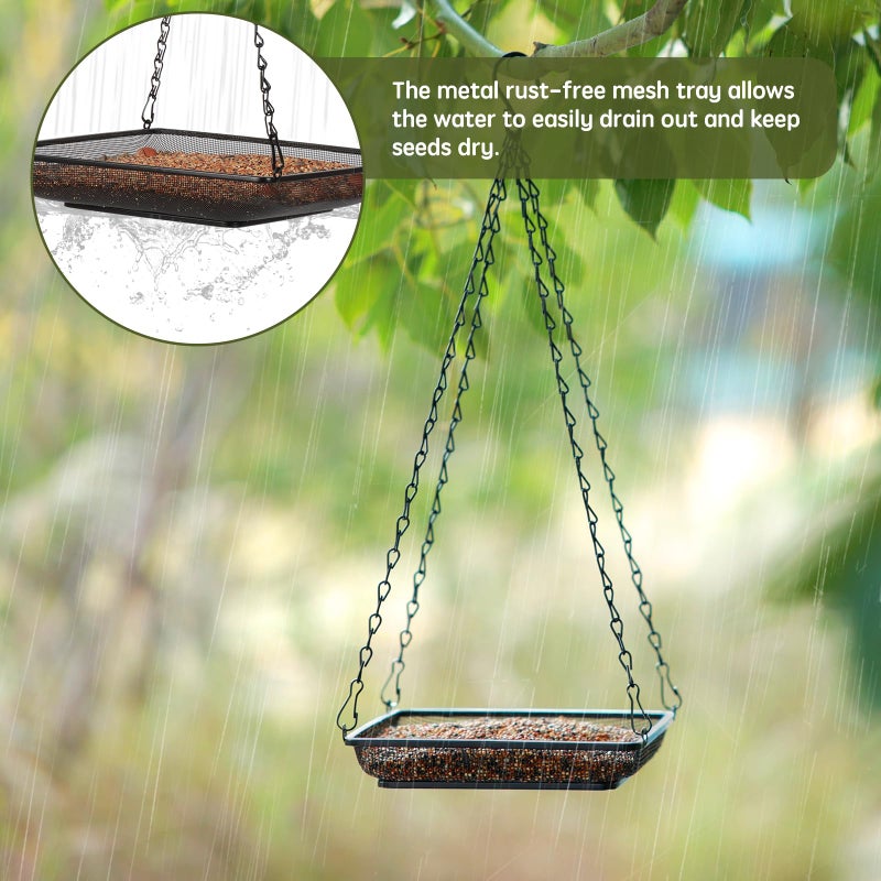 MIXXIDEA Hanging Bird Feeder Tray Metal Mesh Platform Seed Feeder with Durable Chains for Outdoors Garden Great for Attracting Birds (1 Pack) - Image 4