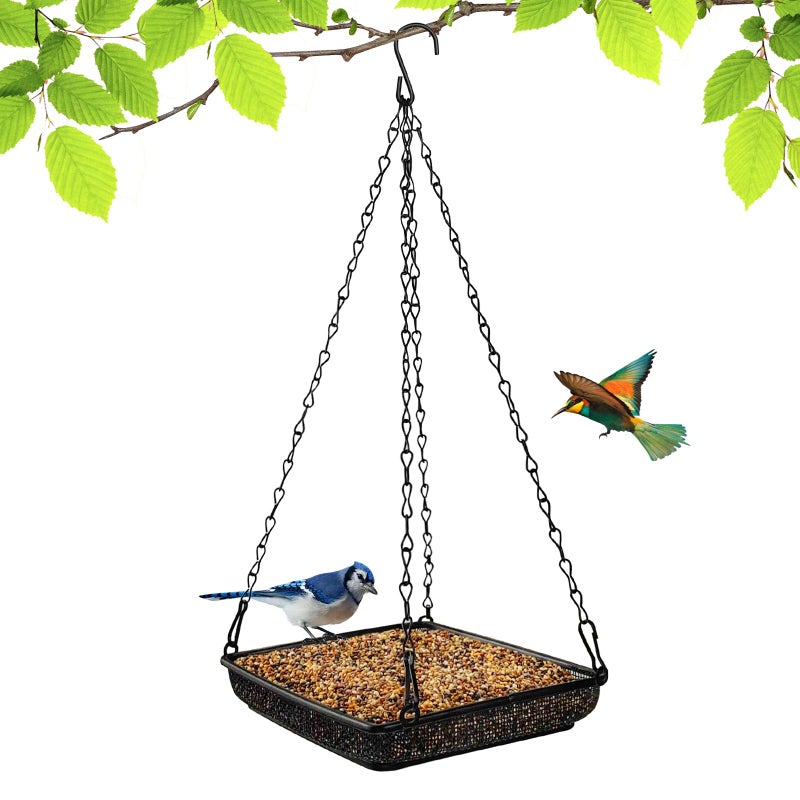 MIXXIDEA Hanging Bird Feeder Tray Metal Mesh Platform Seed Feeder with Durable Chains for Outdoors Garden Great for Attracting Birds (1 Pack) - Image 1