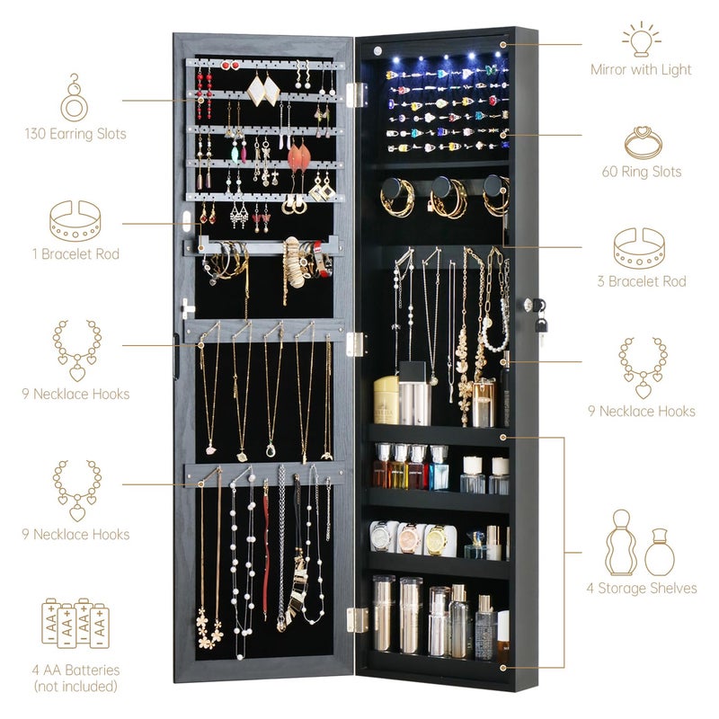 MASMIRE Full Length Mirror Jewelry Cabinet Organizer Lockable Door Wall-Mounted Jewelry Armoire with Shelves and Behind the Door Storage Black - Image 3