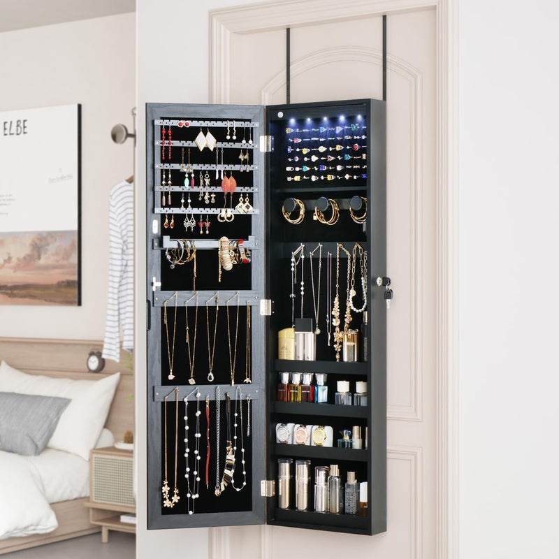 MASMIRE Full Length Mirror Jewelry Cabinet Organizer Lockable Door Wall-Mounted Jewelry Armoire with Shelves and Behind the Door Storage Black - Image 5