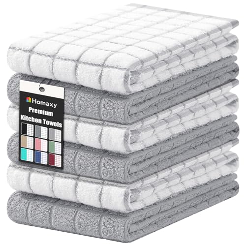 Homaxy Premium Cotton Kitchen Towels 16x 28 Large Natural Ring Spun 390 GSM Dish Towels Super Absorbent Terry Kitchen Hand Towels Soft Tea Towels with Hanging Loop Light Grey Check 6 Pack - Image 1