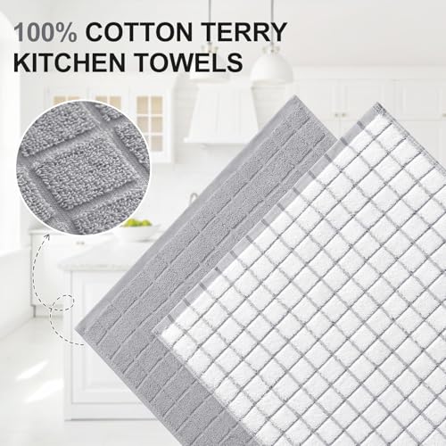 Homaxy Premium Cotton Kitchen Towels 16x 28 Large Natural Ring Spun 390 GSM Dish Towels Super Absorbent Terry Kitchen Hand Towels Soft Tea Towels with Hanging Loop Light Grey Check 6 Pack - Image 3