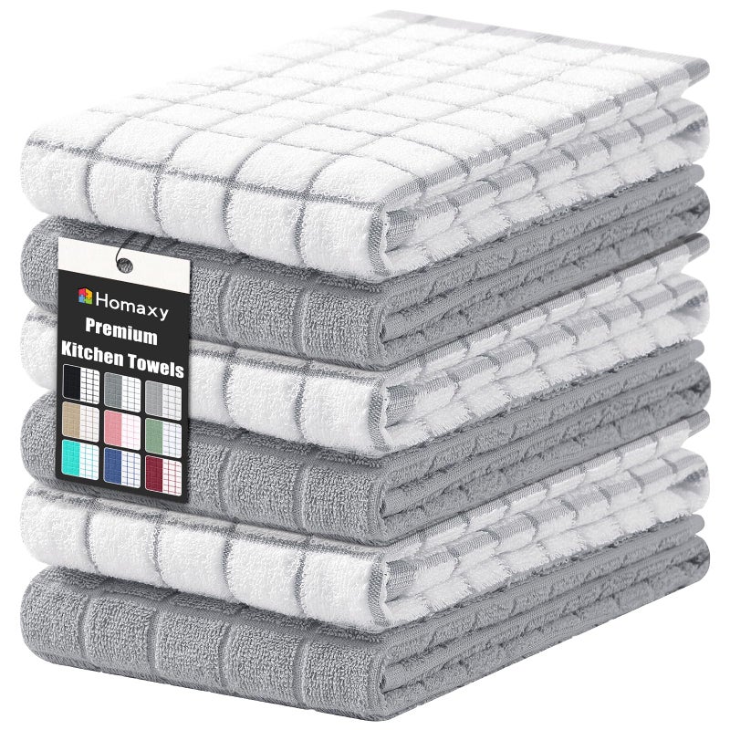 Homaxy Premium Cotton Kitchen Towels 16x 28 Large Natural Ring Spun 390 GSM Dish Towels Super Absorbent Terry Kitchen Hand Towels Soft Tea Towels with Hanging Loop Light Grey Check 6 Pack - Image 2