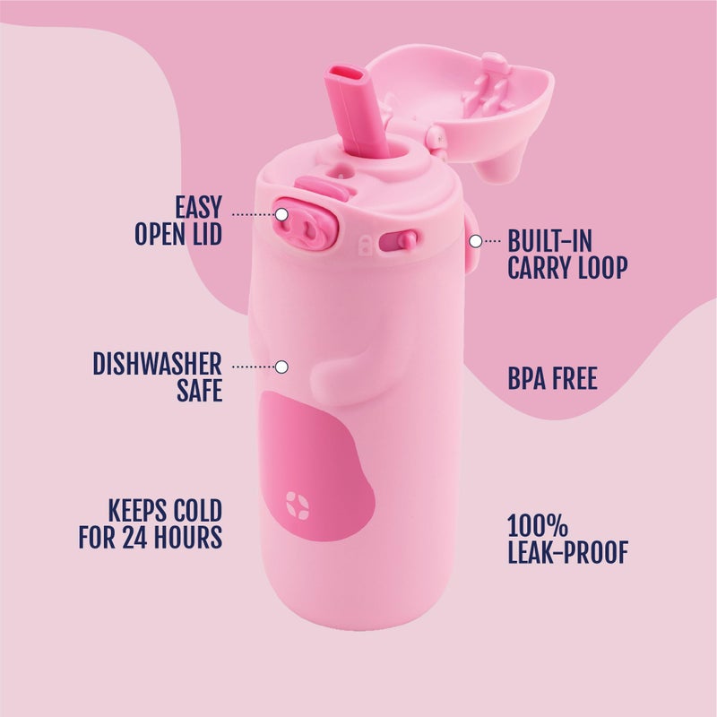 Ello Ellies 12oz Vacuum Insulated Stainless Steel Kids Water Bottle with Straw and Built-in Carrying Handle and Leak-Proof Locking Lid for School Backpack  Lunchbox and Outdoor Sports  Pig - Image 4